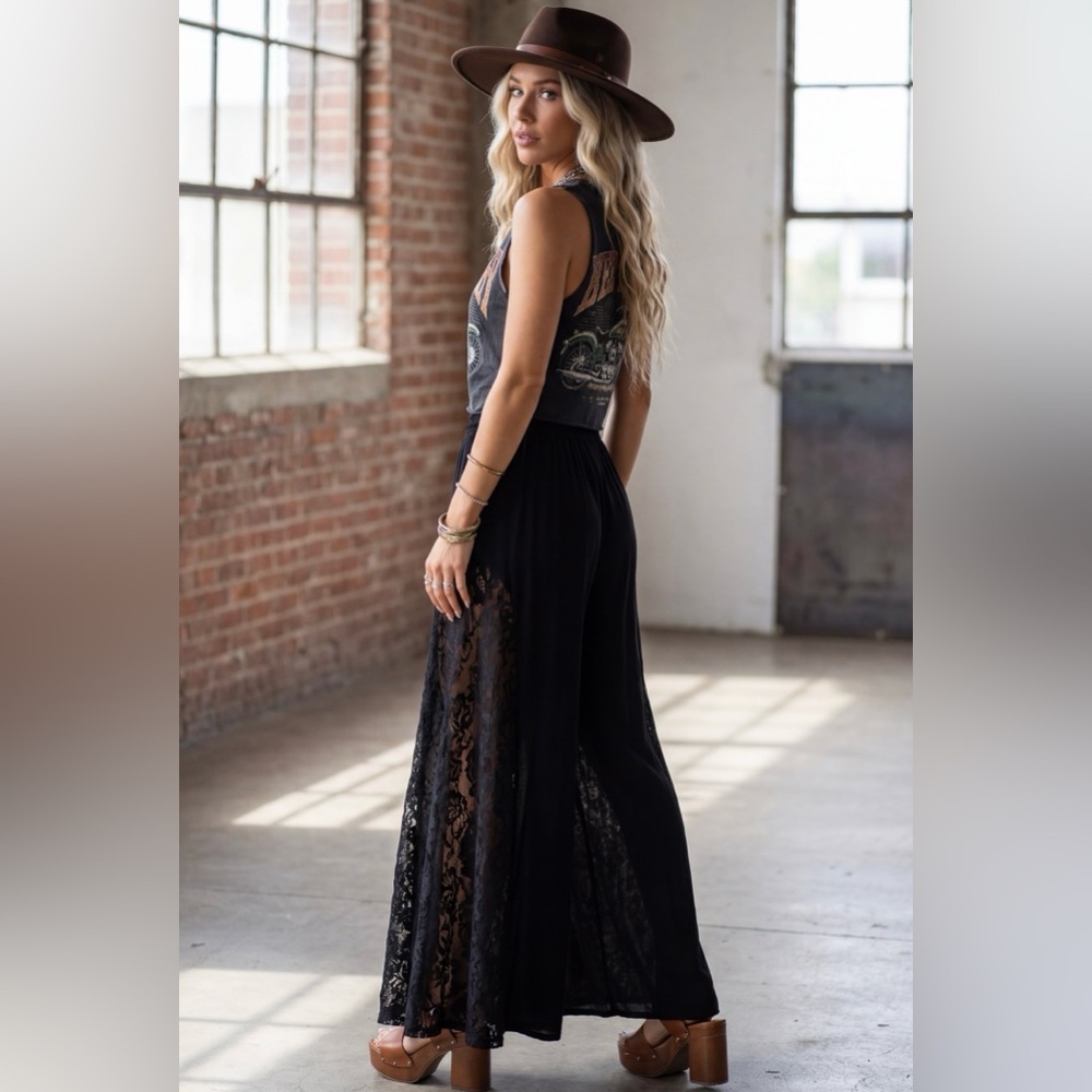 NWT Angie Boho Gypsy Soul Wide Leg Lace Panel Flare Festival Casual Pants Black - Picture 4 of 6